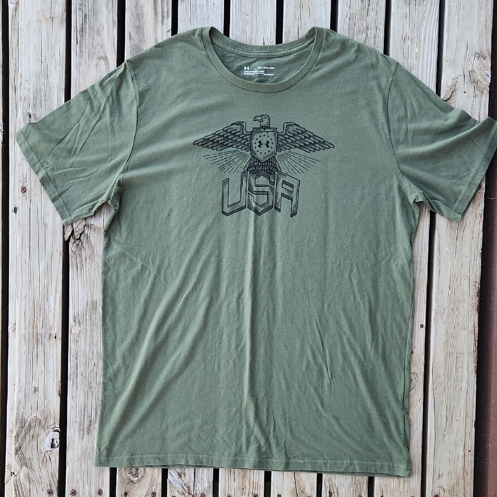 Under Armour Olive Green Eagle Short Sleeve Tee 2XL XXL USA Patriotic 4th Men